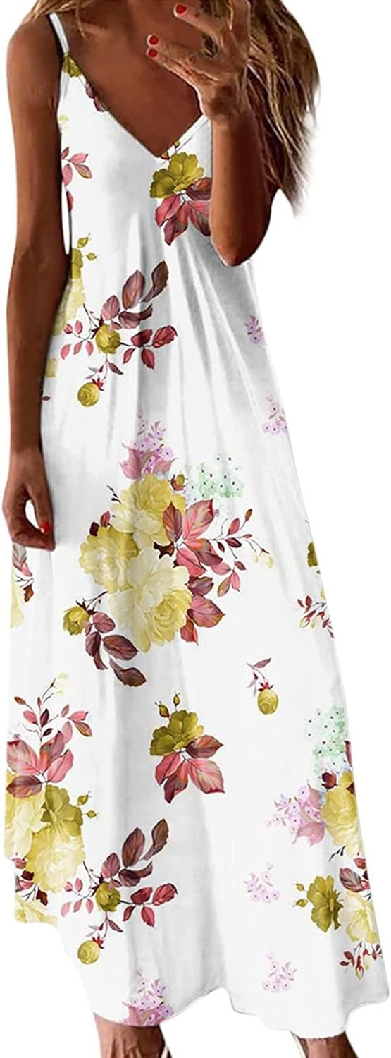 Skang Summer Dresses for Women UK Maxi Dress Floral Print Dress Sleeveless V Neck Dresses Soft Casual Long Sun Dress Boho Wedding Guest Dress - Amazing Gadgets Outlet