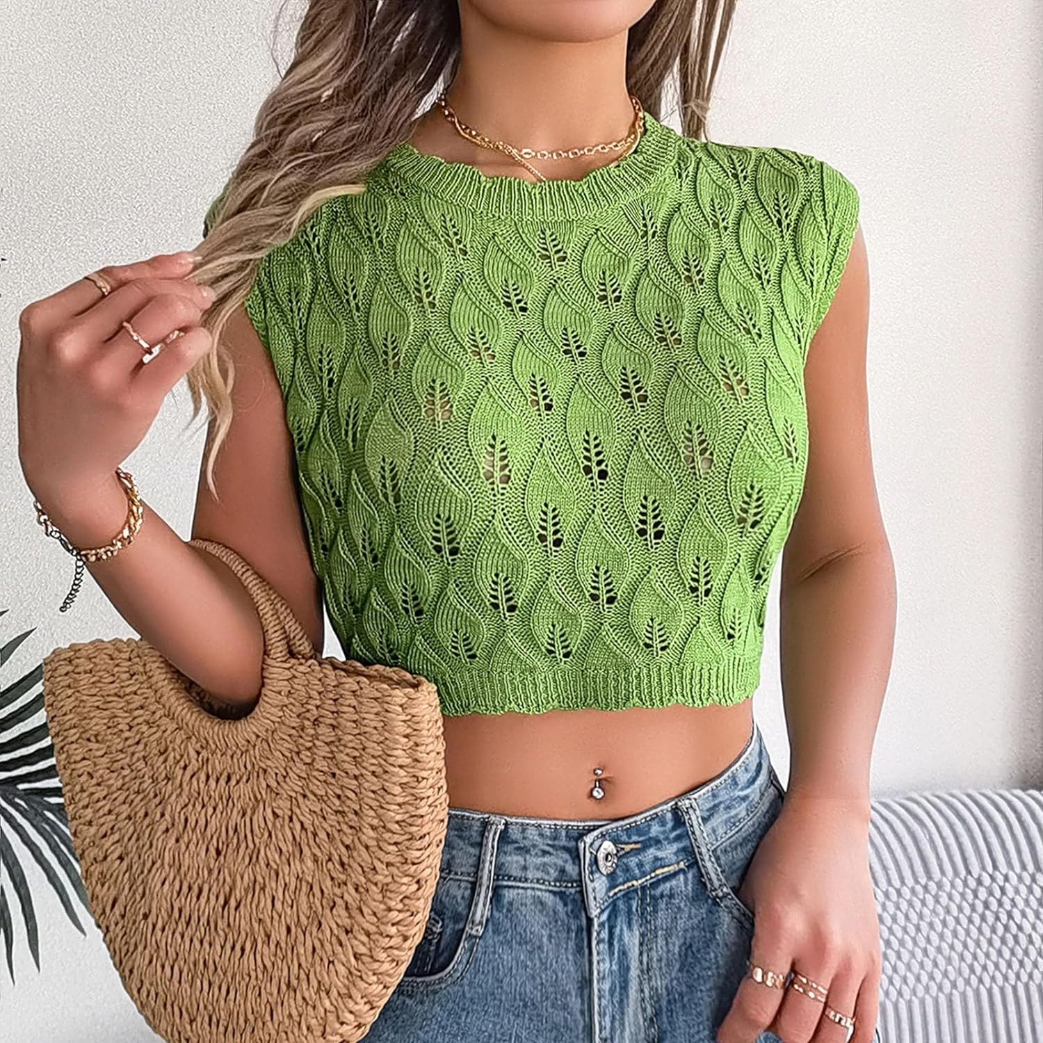 Skang Tops for Women UK Women's Hollow Short Sexy Top with Hollow Leaves and Navel Sweater - Amazing Gadgets Outlet