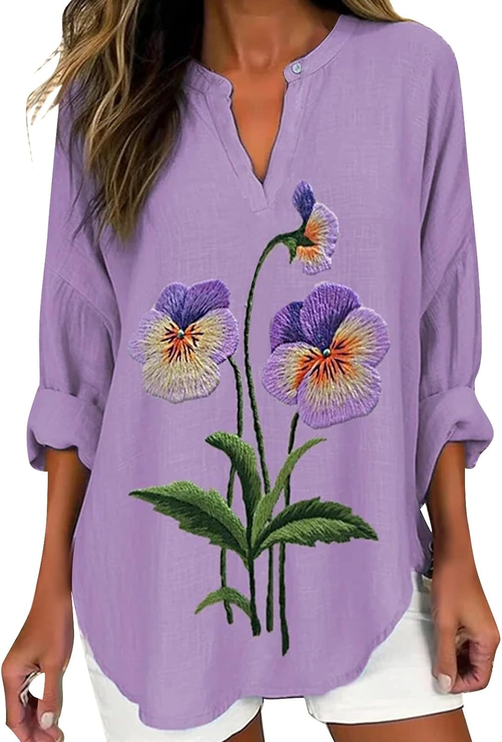 Skang Women's Tops Fashion V Neck Tunic Tops Casual Long Sleeve Purple Floral Printed Top Breathable Cool Mesh Shirts Ladies Curved Hem Casual Loose Fit Vacation Daily Party Shirt - Amazing Gadgets Outlet