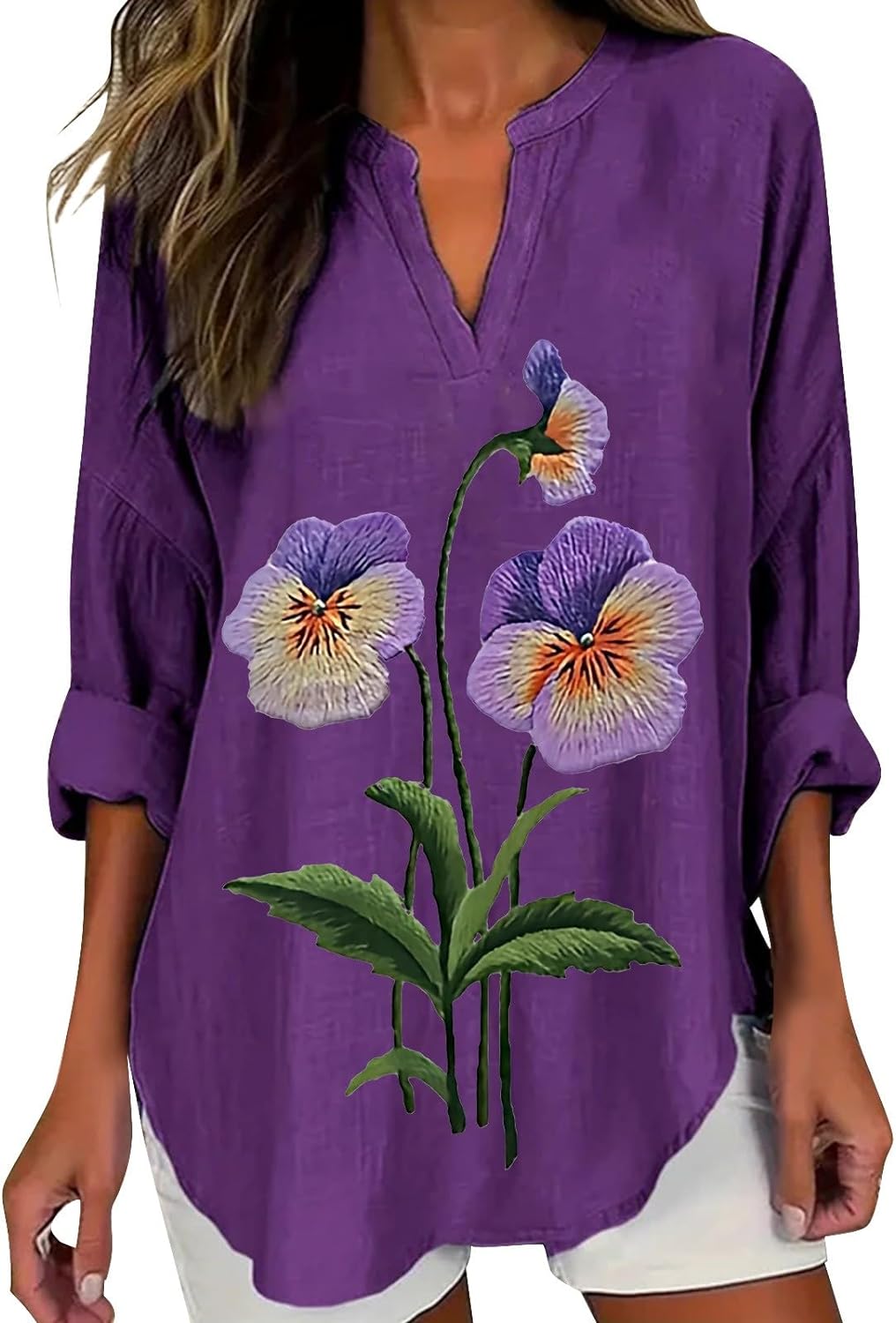 Skang Women's Tops Fashion V Neck Tunic Tops Casual Long Sleeve Purple Floral Printed Top Breathable Cool Mesh Shirts Ladies Curved Hem Casual Loose Fit Vacation Daily Party Shirt - Amazing Gadgets Outlet