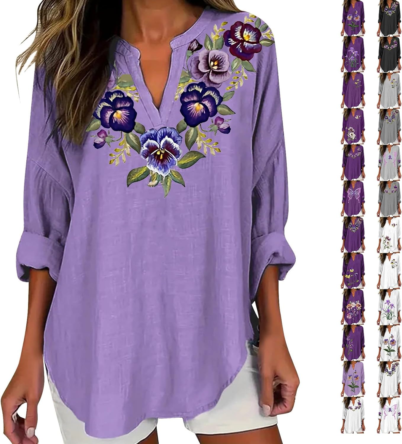 Skang Women's Tops Fashion V Neck Tunic Tops Casual Long Sleeve Purple Floral Printed Top Breathable Cool Mesh Shirts Ladies Curved Hem Casual Loose Fit Vacation Daily Party Shirt - Amazing Gadgets Outlet