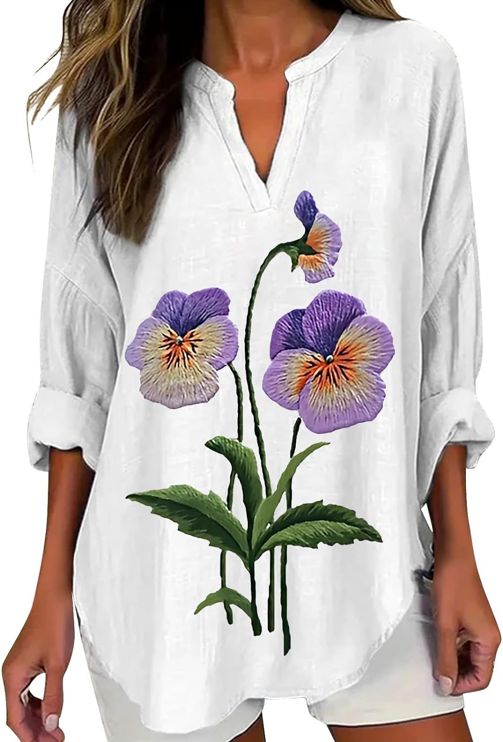 Skang Women's Tops Fashion V Neck Tunic Tops Casual Long Sleeve Purple Floral Printed Top Breathable Cool Mesh Shirts Ladies Curved Hem Casual Loose Fit Vacation Daily Party Shirt - Amazing Gadgets Outlet