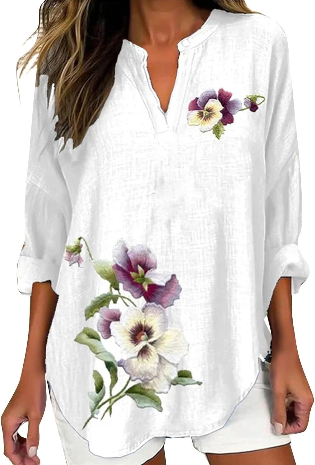 Skang Women's Tops Fashion V Neck Tunic Tops Casual Long Sleeve Purple Floral Printed Top Breathable Cool Mesh Shirts Ladies Curved Hem Casual Loose Fit Vacation Daily Party Shirt - Amazing Gadgets Outlet