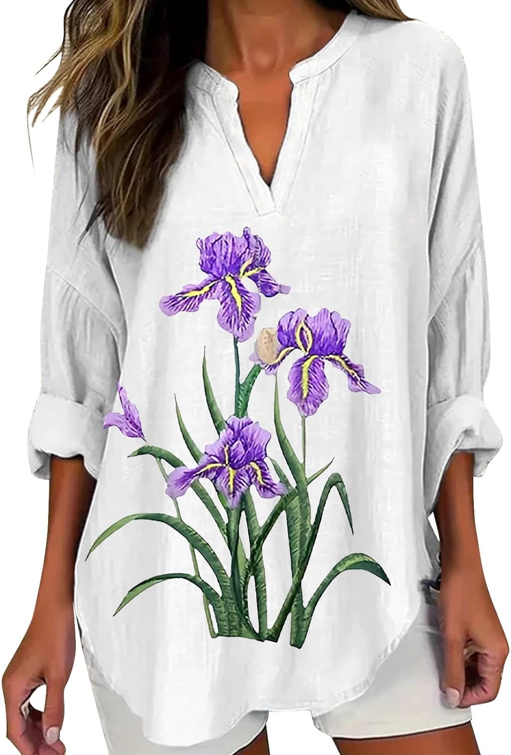 Skang Women's Tops Fashion V Neck Tunic Tops Casual Long Sleeve Purple Floral Printed Top Breathable Cool Mesh Shirts Ladies Curved Hem Casual Loose Fit Vacation Daily Party Shirt - Amazing Gadgets Outlet