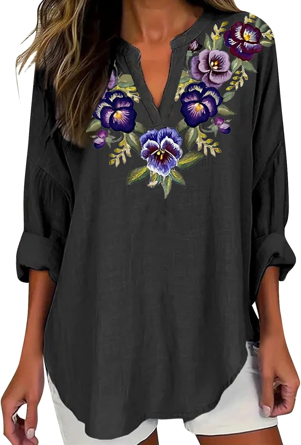 Skang Women's Tops Fashion V Neck Tunic Tops Casual Long Sleeve Purple Floral Printed Top Breathable Cool Mesh Shirts Ladies Curved Hem Casual Loose Fit Vacation Daily Party Shirt - Amazing Gadgets Outlet