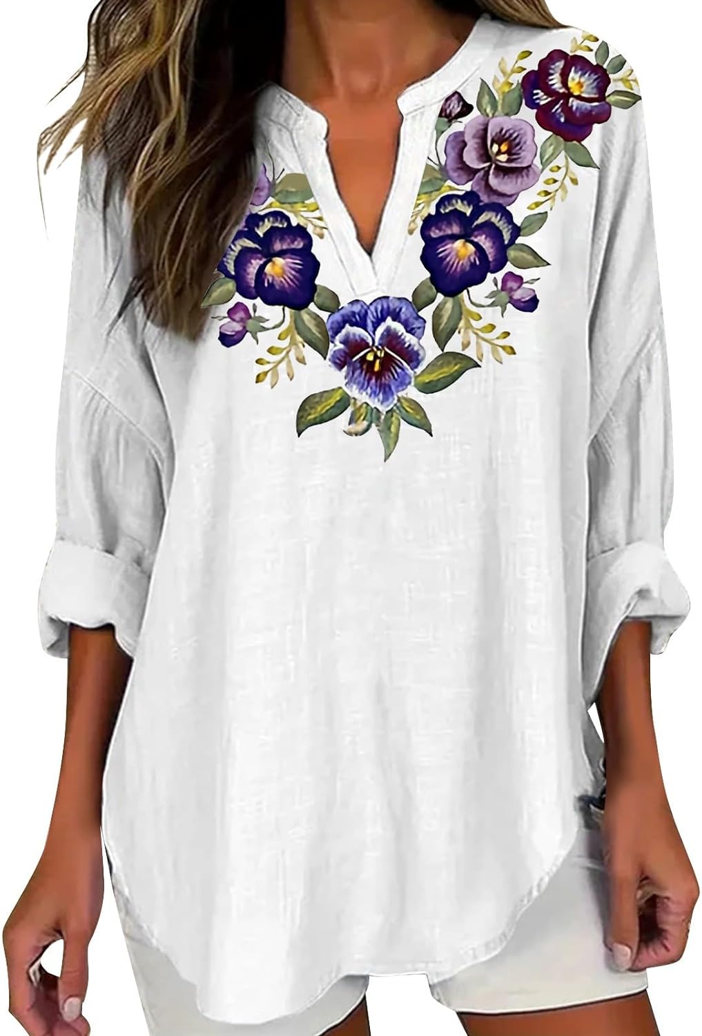 Skang Women's Tops Fashion V Neck Tunic Tops Casual Long Sleeve Purple Floral Printed Top Breathable Cool Mesh Shirts Ladies Curved Hem Casual Loose Fit Vacation Daily Party Shirt - Amazing Gadgets Outlet