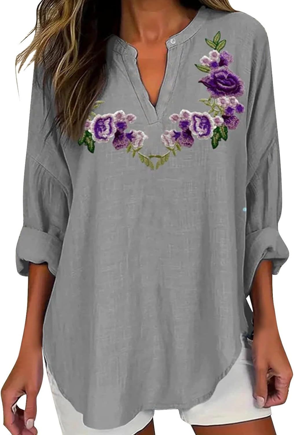 Skang Women's Tops Fashion V Neck Tunic Tops Casual Long Sleeve Purple Floral Printed Top Breathable Cool Mesh Shirts Ladies Curved Hem Casual Loose Fit Vacation Daily Party Shirt - Amazing Gadgets Outlet