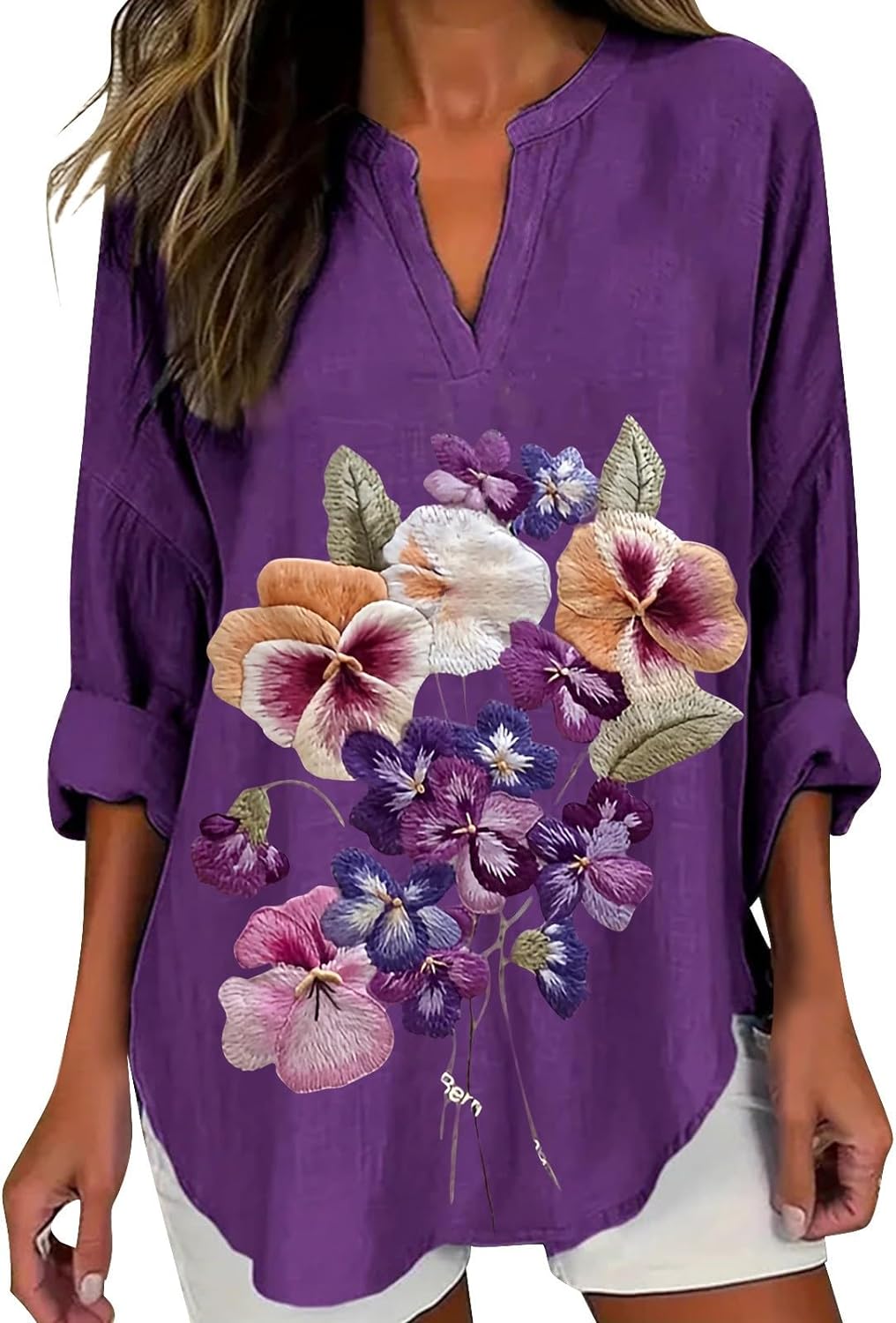 Skang Women's Tops Fashion V Neck Tunic Tops Casual Long Sleeve Purple Floral Printed Top Breathable Cool Mesh Shirts Ladies Curved Hem Casual Loose Fit Vacation Daily Party Shirt - Amazing Gadgets Outlet