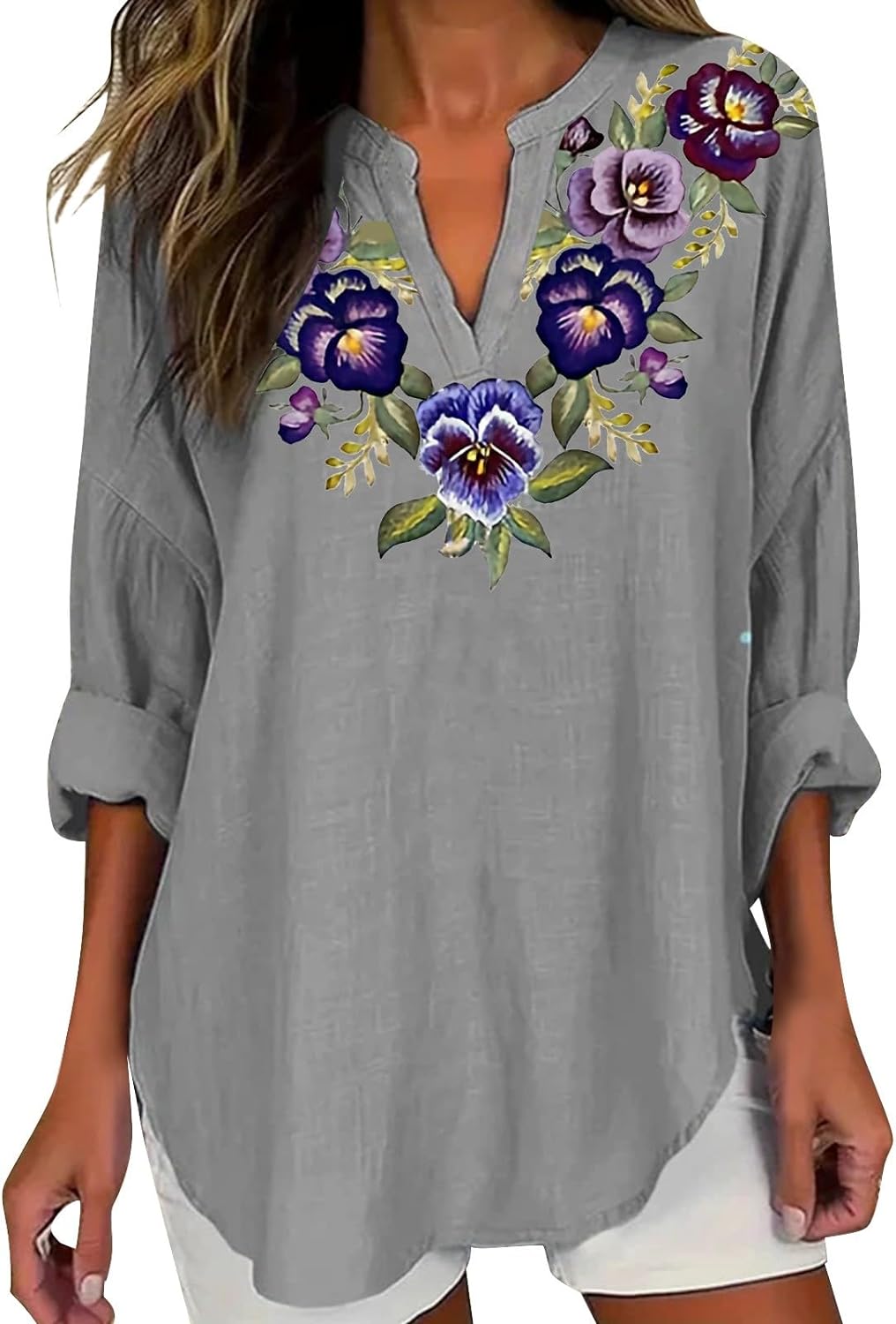 Skang Women's Tops Fashion V Neck Tunic Tops Casual Long Sleeve Purple Floral Printed Top Breathable Cool Mesh Shirts Ladies Curved Hem Casual Loose Fit Vacation Daily Party Shirt - Amazing Gadgets Outlet