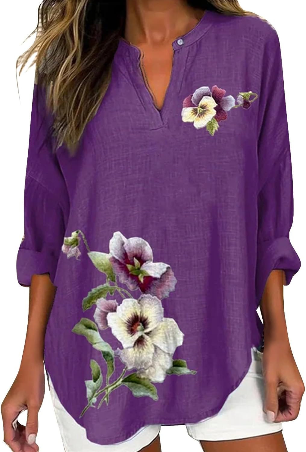 Skang Women's Tops Fashion V Neck Tunic Tops Casual Long Sleeve Purple Floral Printed Top Breathable Cool Mesh Shirts Ladies Curved Hem Casual Loose Fit Vacation Daily Party Shirt - Amazing Gadgets Outlet