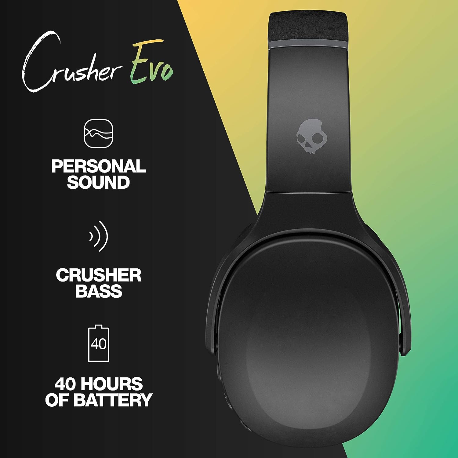 Skullcandy Crusher Evo Over - Ear Wireless Headphones with Sensory Bass, 40 Hr Battery, Microphone, Works with iPhone Android and Bluetooth Devices - Black - Amazing Gadgets Outlet