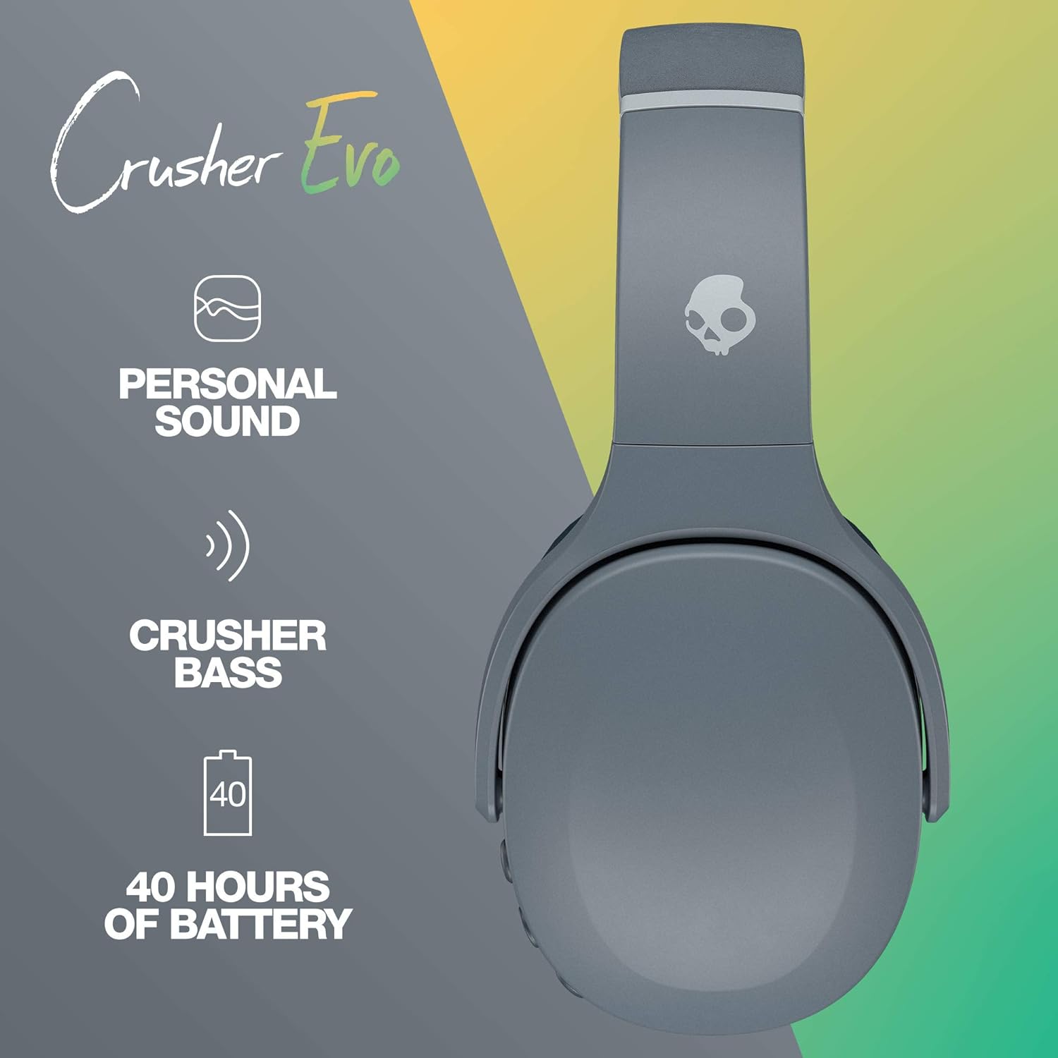 Skullcandy Crusher Evo Over - Ear Wireless Headphones with Sensory Bass, 40 Hr Battery, Microphone, Works with iPhone Android and Bluetooth Devices - Grey - Amazing Gadgets Outlet