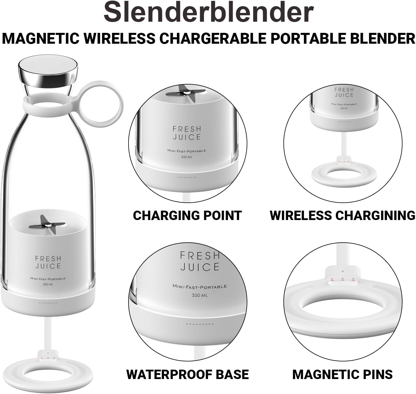 Slenderblender Portable Fruity Bullet Blender | Personal Blender Bottle with 4 Stainless Sharp Blades | A Blend of Luxury and Utility (White) - Amazing Gadgets Outlet