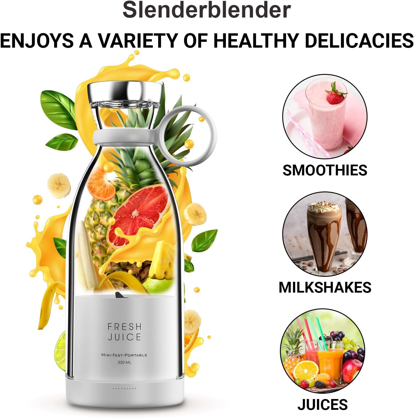 Slenderblender Portable Fruity Bullet Blender | Personal Blender Bottle with 4 Stainless Sharp Blades | A Blend of Luxury and Utility (White) - Amazing Gadgets Outlet