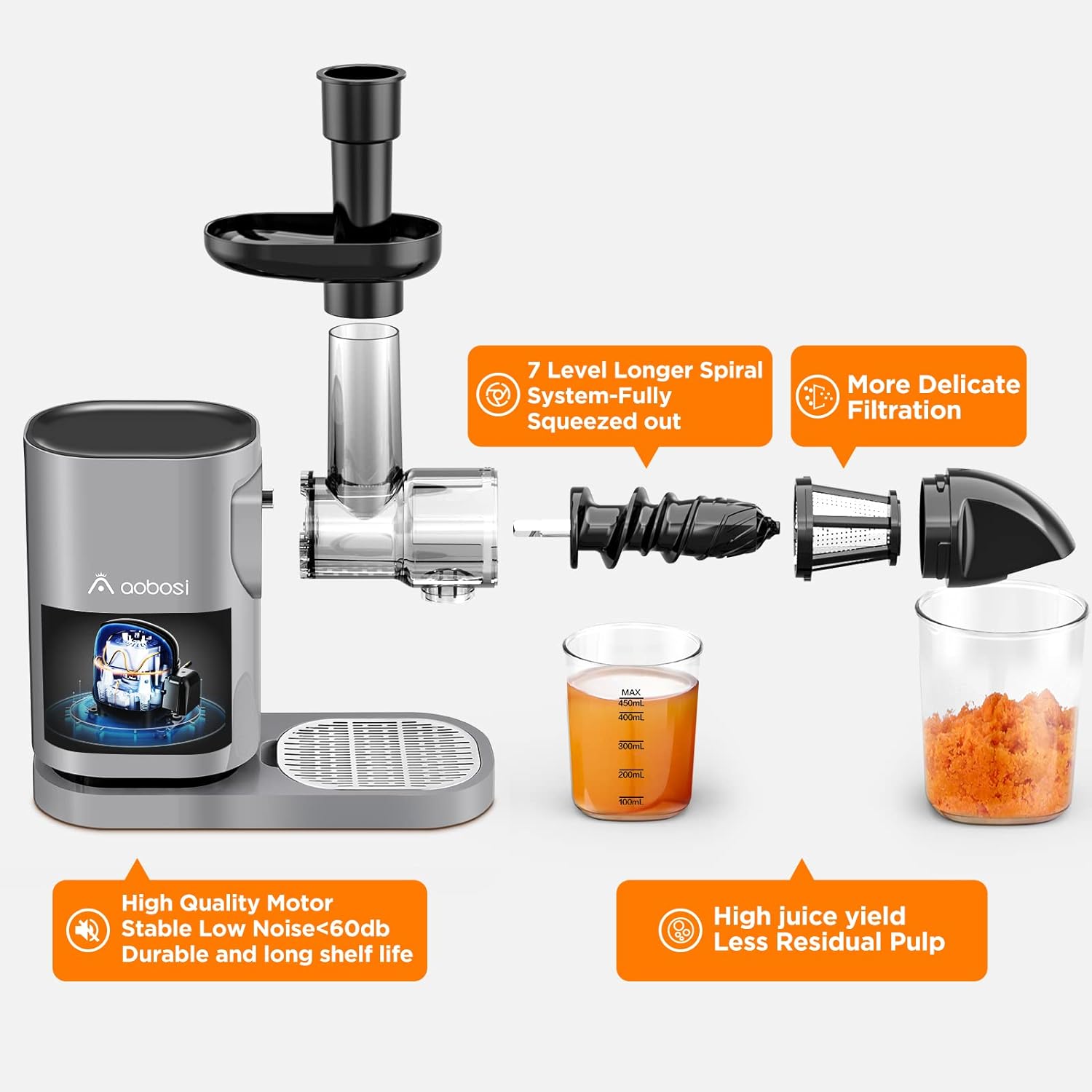 Slow Masticating Juicer, AAOBOSI Juicer Machines with Quiet Motor/Reverse Function/Easy to Clean Brush, Cold Press Juicers Whole Fruit and Vegetable for Delicate Crushing without Filtering, Gray - Amazing Gadgets Outlet