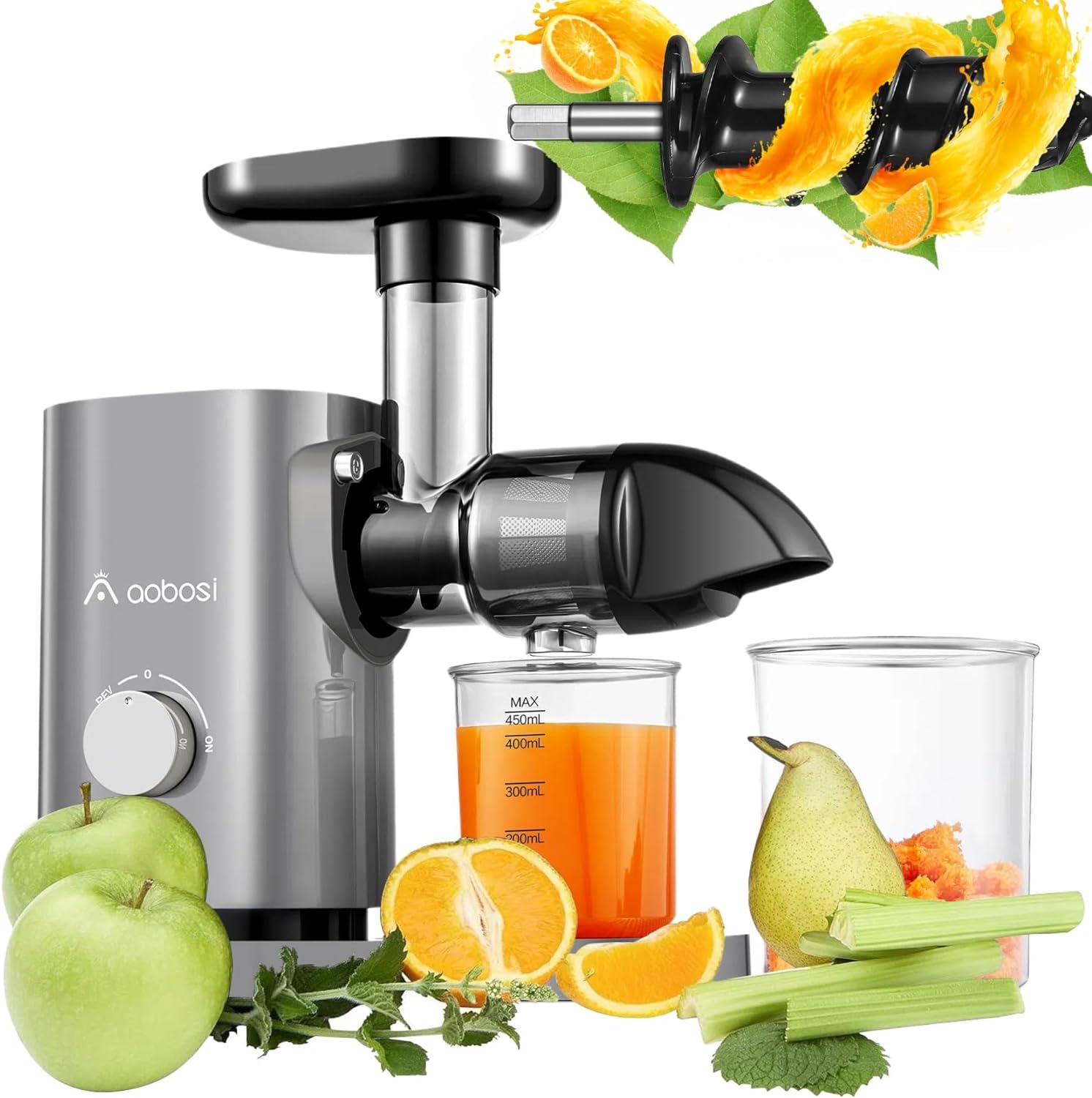 Slow Masticating Juicer, AAOBOSI Juicer Machines with Quiet Motor/Reverse Function/Easy to Clean Brush, Cold Press Juicers Whole Fruit and Vegetable for Delicate Crushing without Filtering, Gray - Amazing Gadgets Outlet