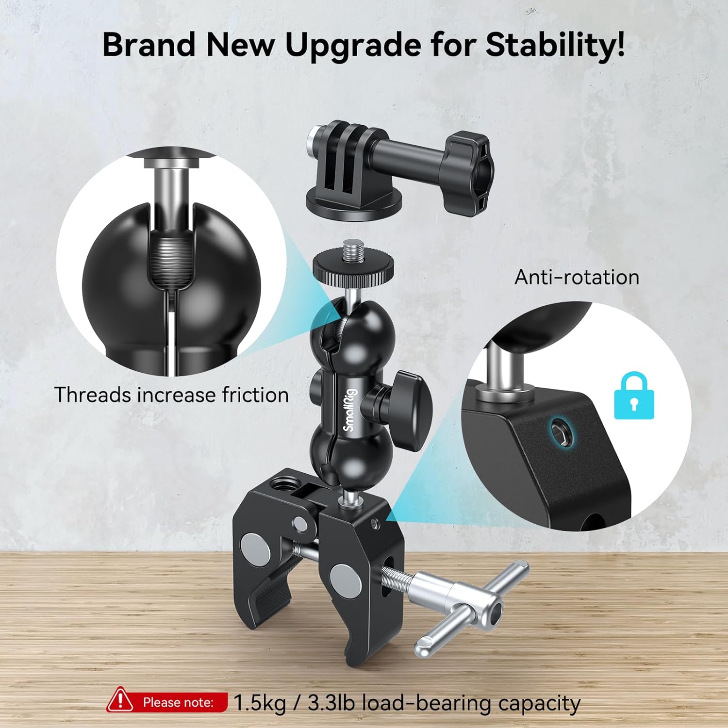 SMALLRIG Upgrade Camera Mount Clamp, Double Ball Head Magic Arm with Clamp, Super Clamp with Non - slip Threads, Load Capacity 1.5kg for Gopro, Webcam, Camera, Monitor and Light - 1138B - Amazing Gadgets Outlet