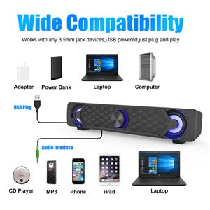 Smalody PC Speakers, Computer Speaker, USB Soundbar, Gaming Speaker with Cool LED Lights, Multimedia Speaker Perfect for PC Games,Computer, Desktop, Laptop - Amazing Gadgets Outlet