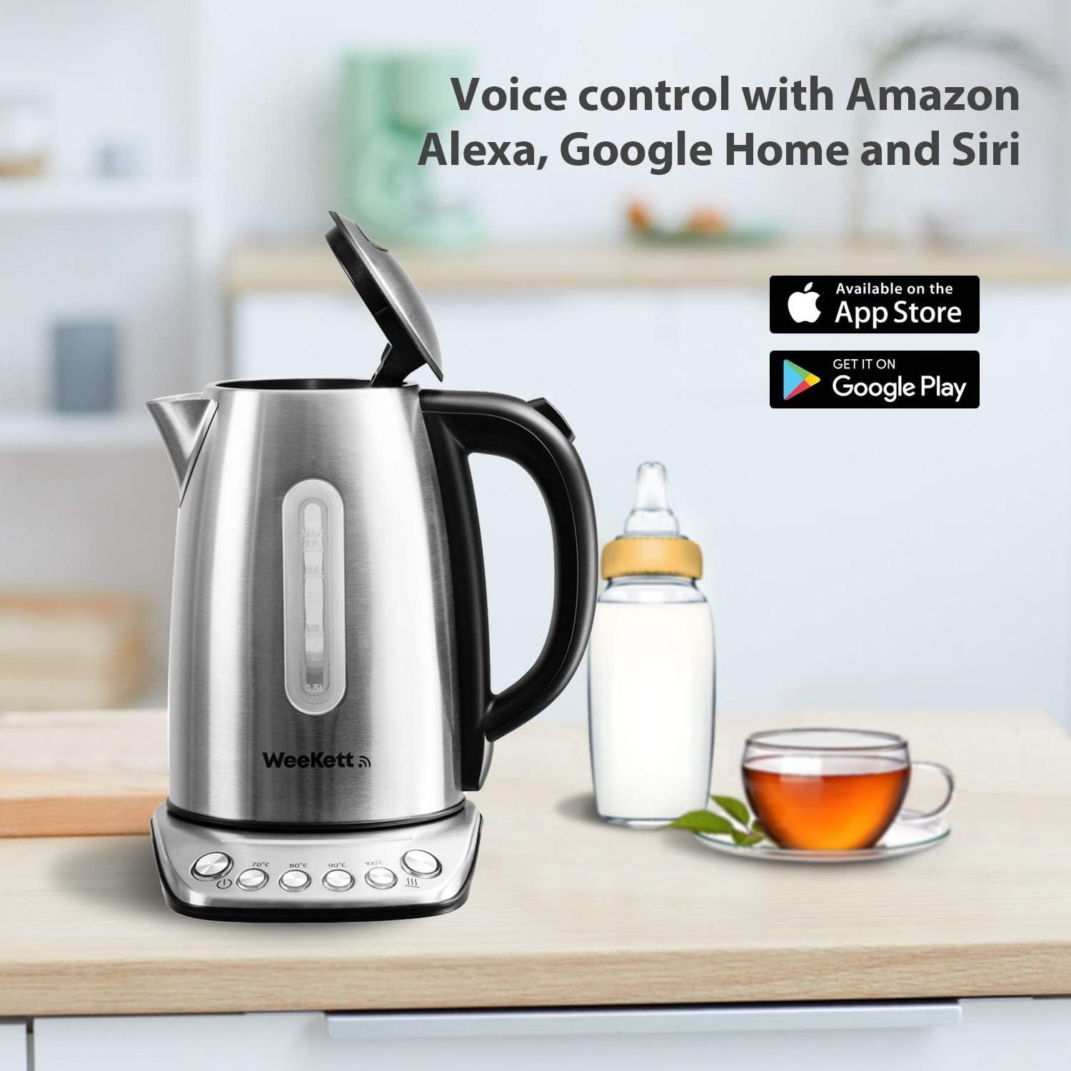 Smart Kettle by WeeKett - voice control with Amazon Alexa, Google & Siri, Variable Temperature Control, Keep Warm, Stainless Steel, BPA Free, Energy Efficient, 2200W, 1.7L - Amazing Gadgets Outlet