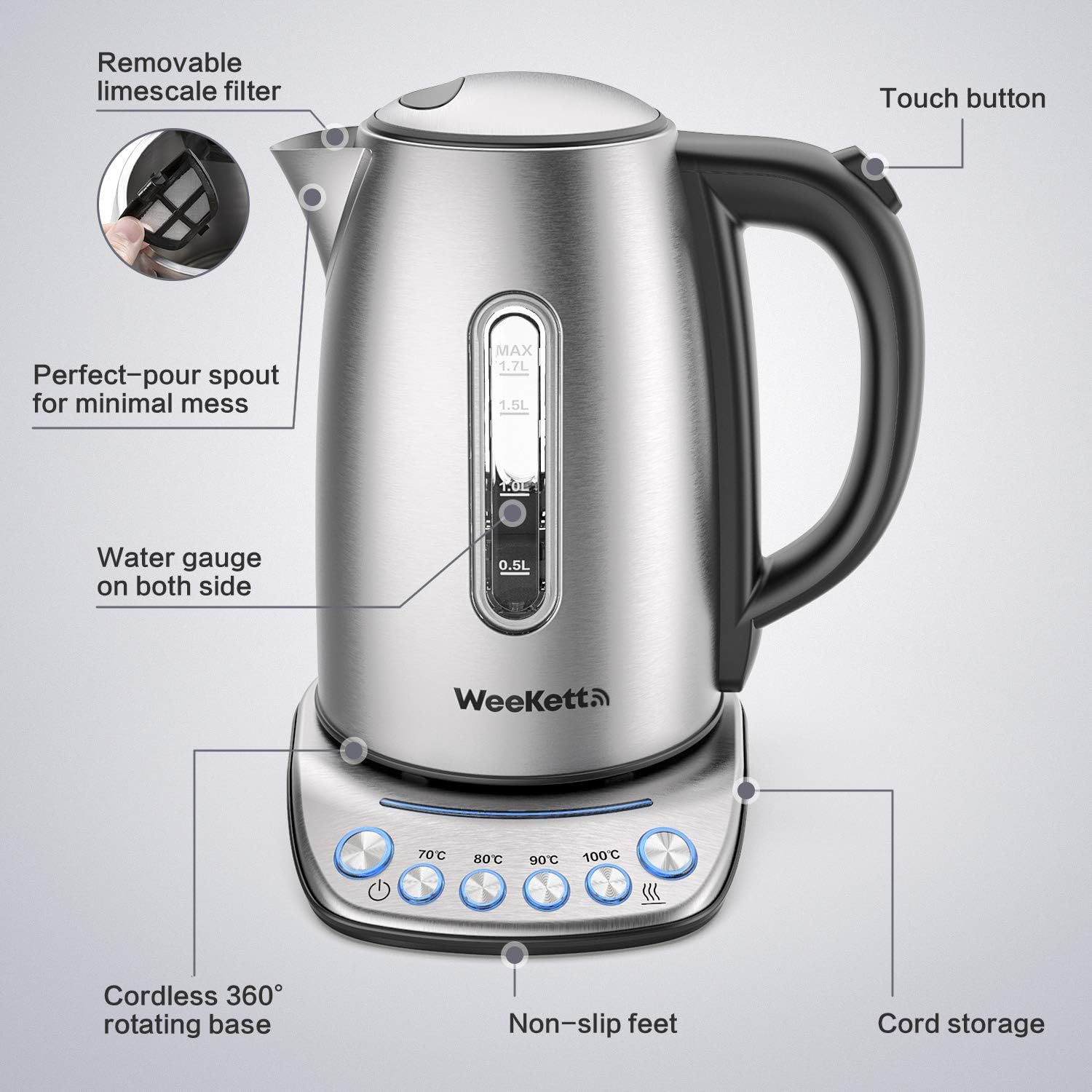 Smart Kettle by WeeKett - voice control with Amazon Alexa, Google & Siri, Variable Temperature Control, Keep Warm, Stainless Steel, BPA Free, Energy Efficient, 2200W, 1.7L - Amazing Gadgets Outlet