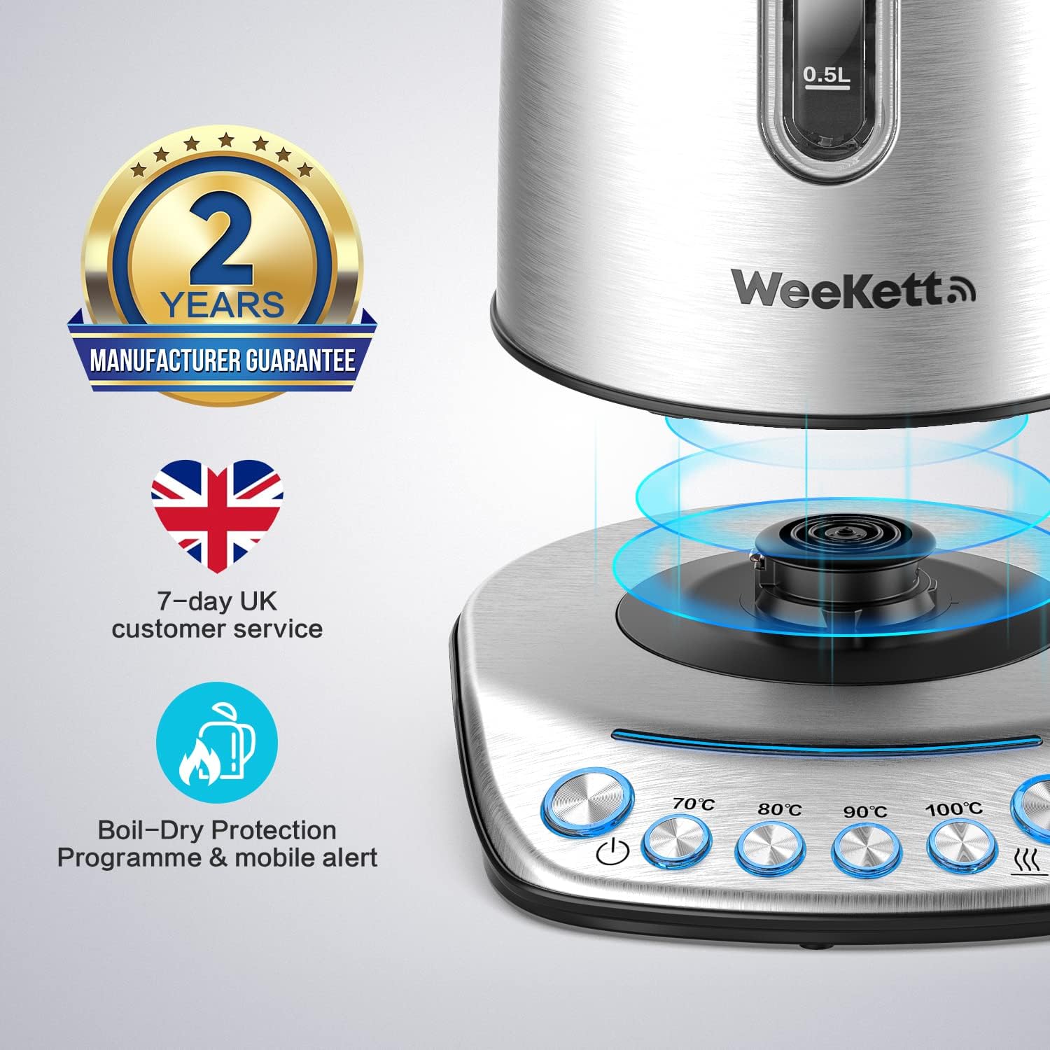 Smart Kettle by WeeKett - voice control with Amazon Alexa, Google & Siri, Variable Temperature Control, Keep Warm, Stainless Steel, BPA Free, Energy Efficient, 2200W, 1.7L - Amazing Gadgets Outlet