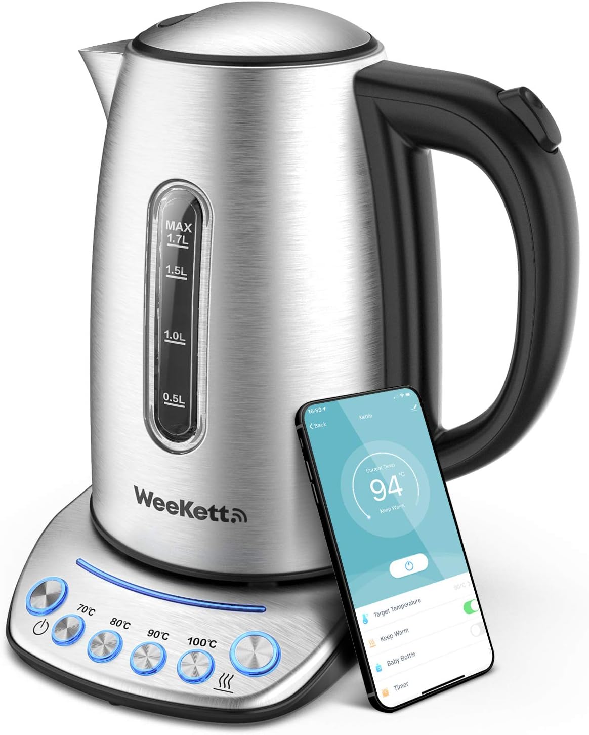 Smart Kettle by WeeKett - voice control with Amazon Alexa, Google & Siri, Variable Temperature Control, Keep Warm, Stainless Steel, BPA Free, Energy Efficient, 2200W, 1.7L - Amazing Gadgets Outlet