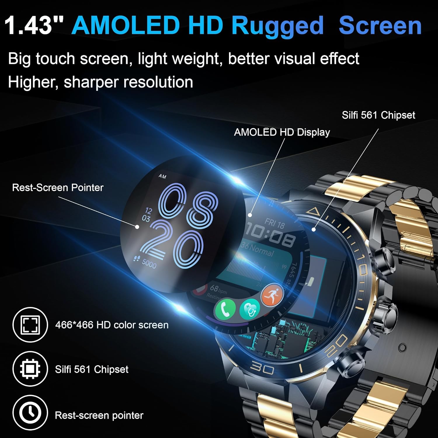 Smart Watch for Men - 1.43" AMOLED Military Smartwatch Men Women Answer/Make Call, 130+ Sport Modes Fitness Watch IP68 Waterproof Heart Rate Sleep Monitor Step Counter Smart Watches for Android iOS - Amazing Gadgets Outlet