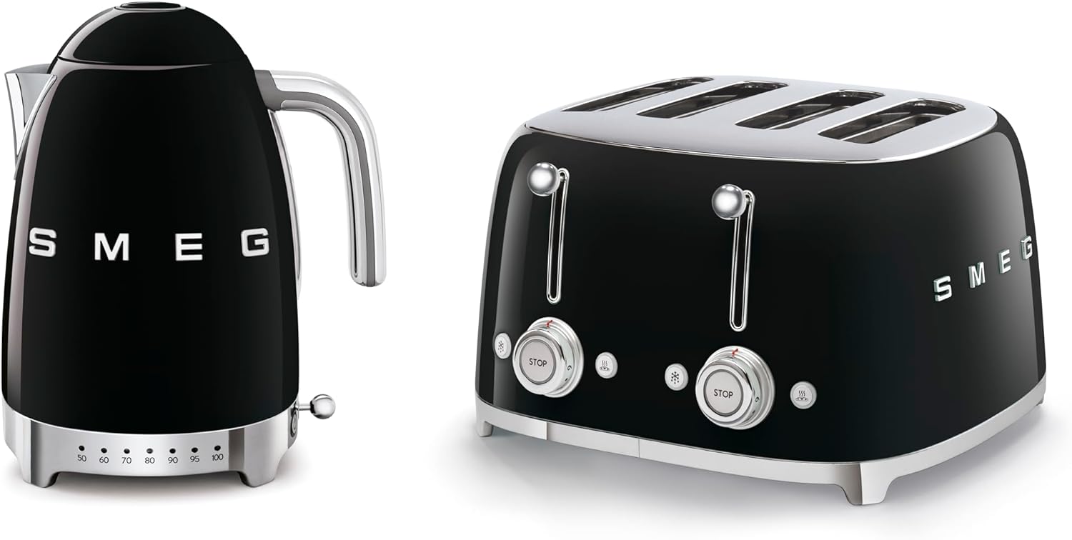 Smeg KLF04BLUK Jug Kettle with 7 Temperature Settings , 3KW, 1.7L & TSF03BLUK 4 Slice Toaster, Extra Wide Slots, Black - Amazing Gadgets Outlet