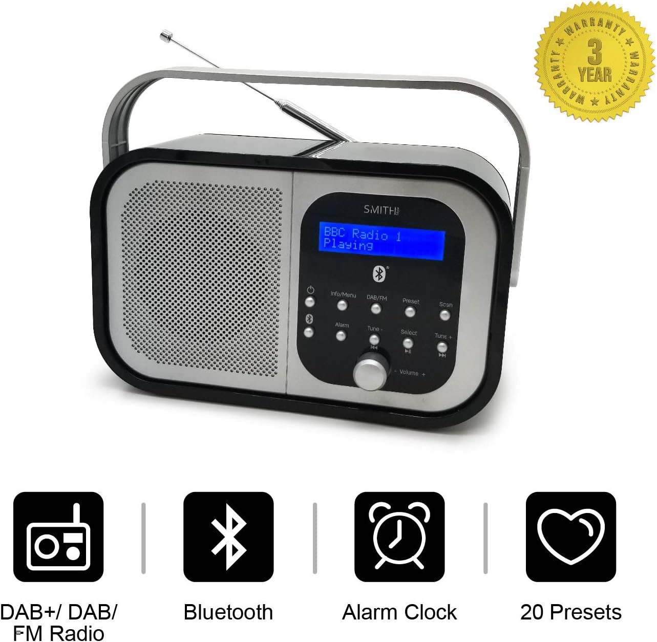 Smith - Style Retro H1 DAB Radio with Bluetooth | DAB Radio Portable | Mains and Battery Powered with DAB/DAB+ & FM | Dual Alarm | 20 Preset Stations - Amazing Gadgets Outlet