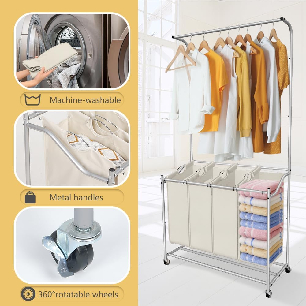 SMONTER Laundry Basket Laundry Sorter with Hanging Bar Large Laundry Bins Rolling Laundry Organiser Hamper with Wheels and 4 Removable Bags for Laundry Room Bathroom Bedroom, Beige - Amazing Gadgets Outlet