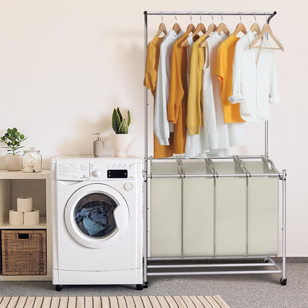 SMONTER Laundry Basket Laundry Sorter with Hanging Bar Large Laundry Bins Rolling Laundry Organiser Hamper with Wheels and 4 Removable Bags for Laundry Room Bathroom Bedroom, Beige - Amazing Gadgets Outlet