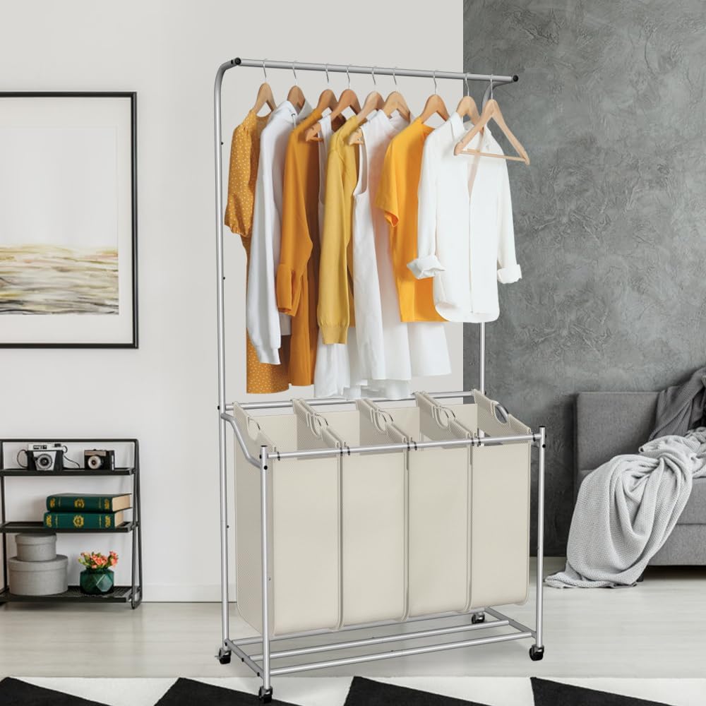 SMONTER Laundry Basket Laundry Sorter with Hanging Bar Large Laundry Bins Rolling Laundry Organiser Hamper with Wheels and 4 Removable Bags for Laundry Room Bathroom Bedroom, Beige - Amazing Gadgets Outlet