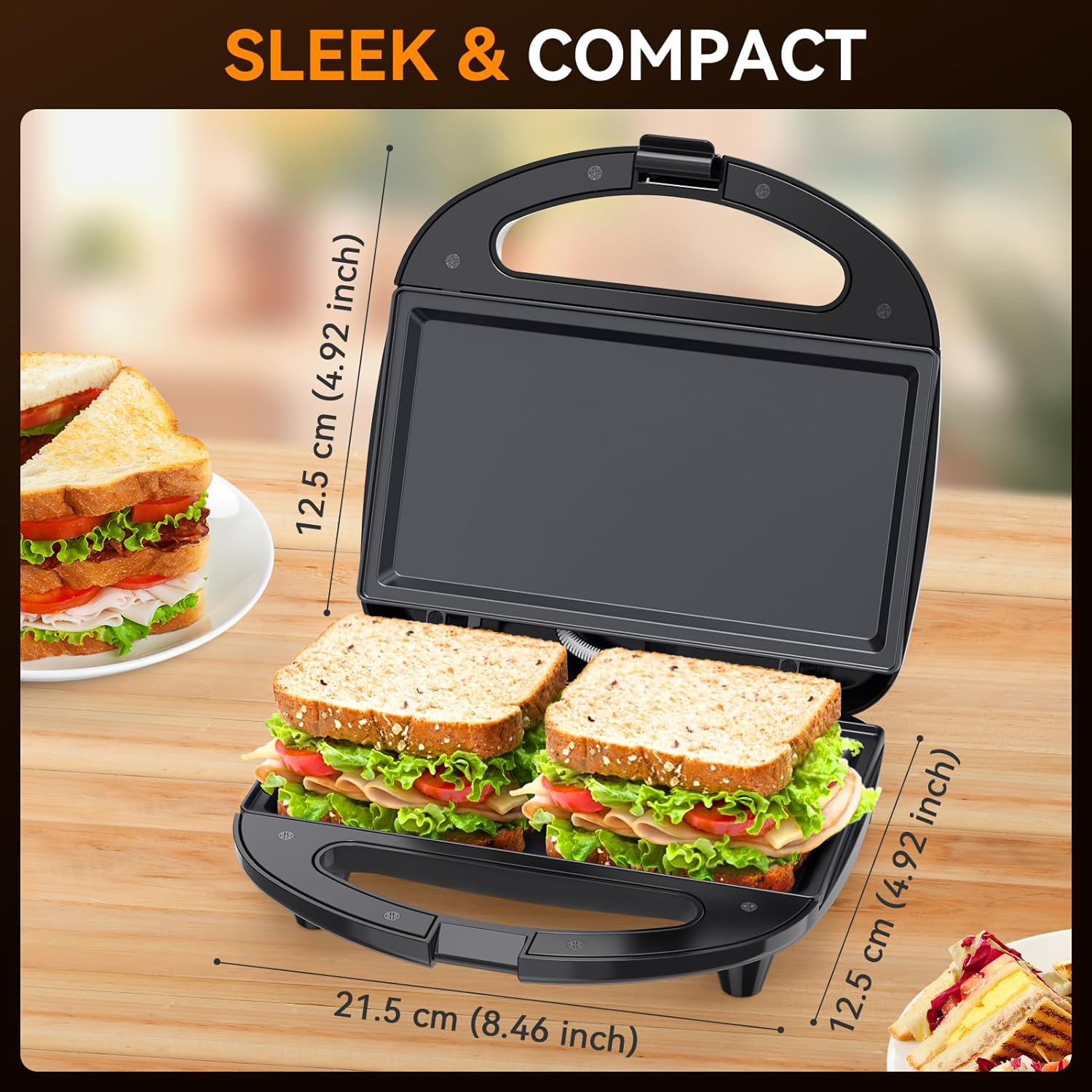 Snailar 2 Slice Sandwich Toaster with Flat Plates, Non - Stick, PFOA Free, Cool Touch Handle, 750W, Black - Amazing Gadgets Outlet