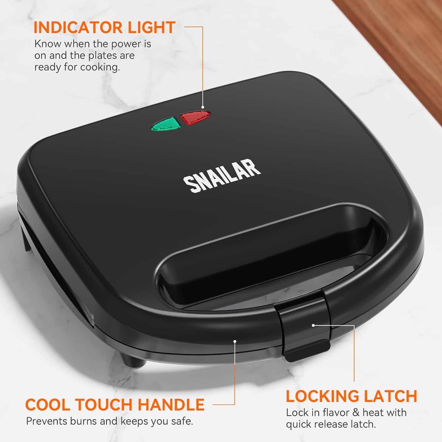 Snailar 2 Slice Sandwich Toaster with Triangle Plates, Non - Stick, PFOA Free, Cool Touch Handle, 750W, Black - Amazing Gadgets Outlet