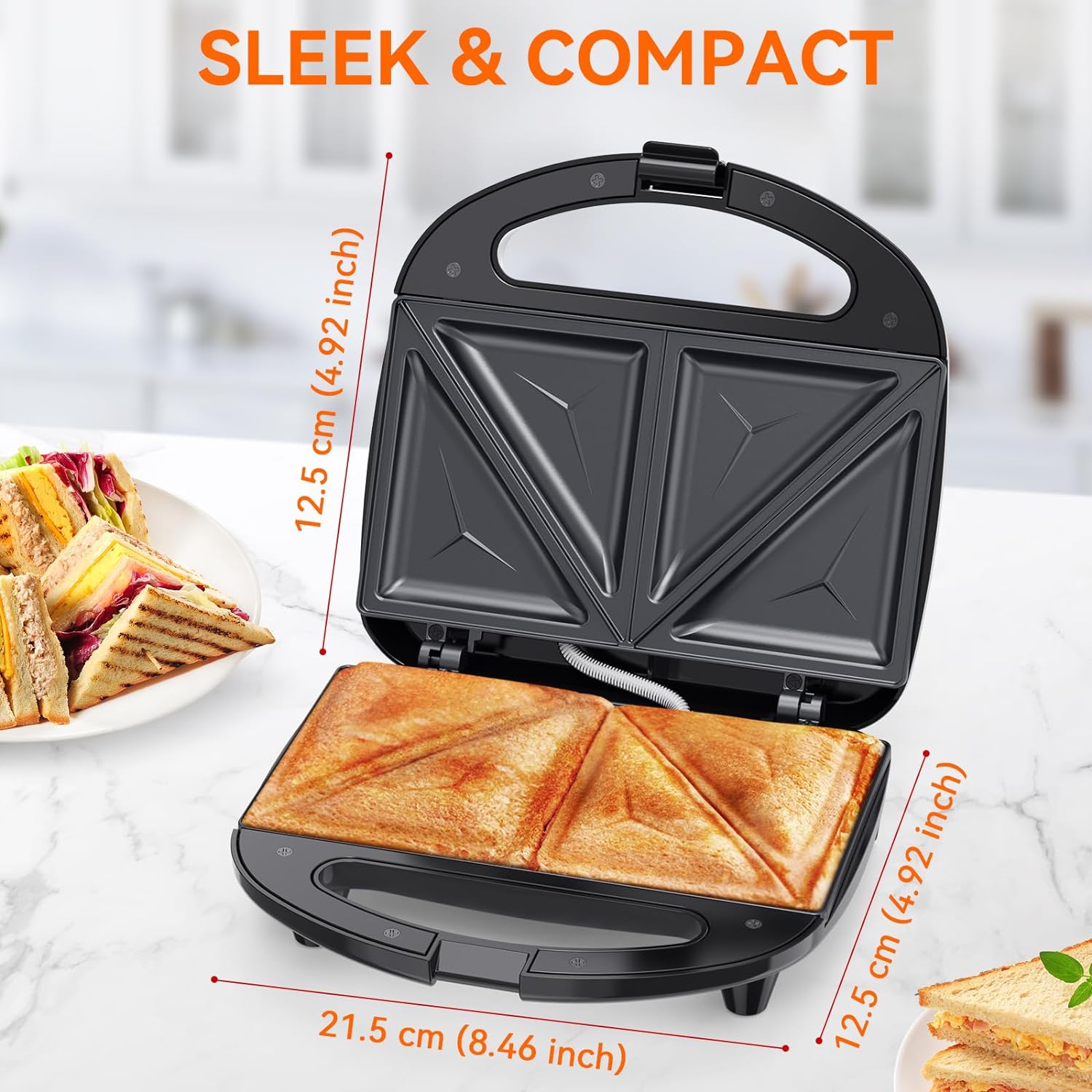 Snailar 2 Slice Sandwich Toaster with Triangle Plates, Non - Stick, PFOA Free, Cool Touch Handle, 750W, Black - Amazing Gadgets Outlet