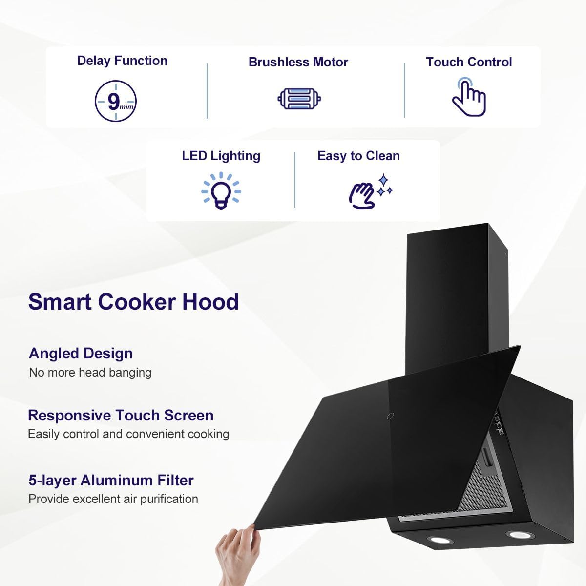 SNDOAS Cooker Hood 60cm, Kitchen Extractor Hood 550m³/h with Carbon Filters, Delayed Shutdown Function, Recirculating & Ducting Modes, Black Tempered Glass Touch Control Extractor Fan Kitchen - Amazing Gadgets Outlet