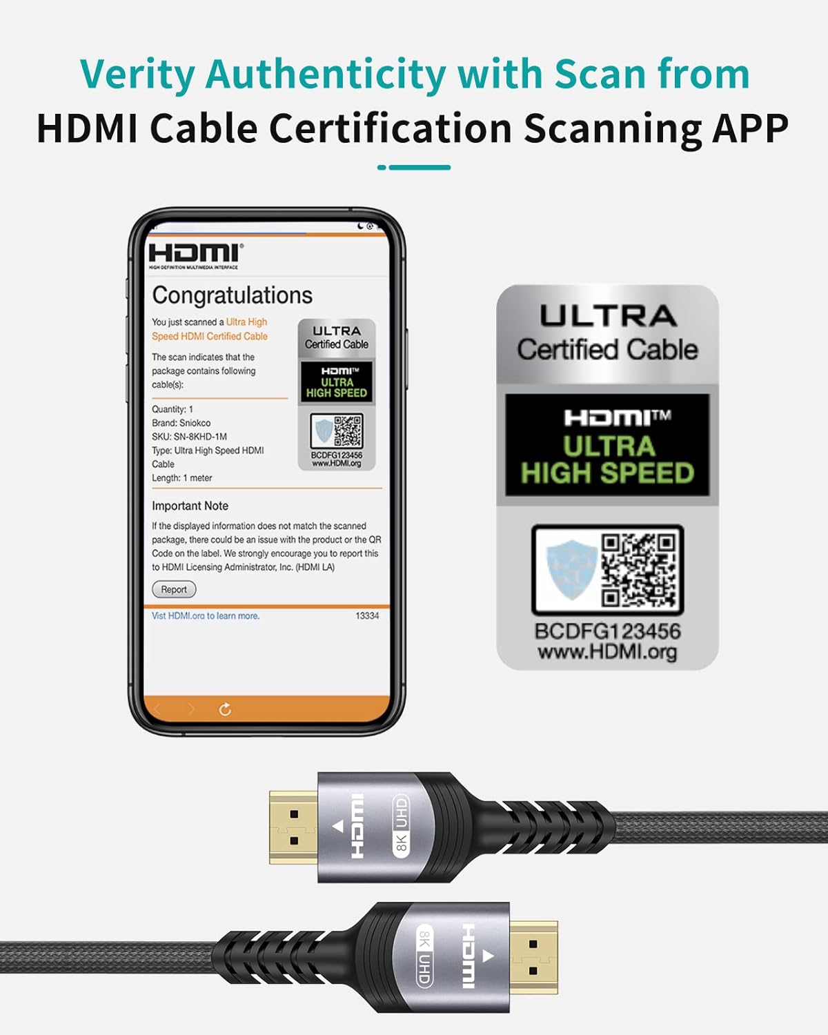 Sniokco 2024 Newest 10K 8K 4K HDMI 2.1 Cable 1M, Certified 48Gbps Ultra High Speed Braided HDMI Cable, Support Dynamic HDR, eARC, Dolby Atmos, 8K@60Hz, HDCP 2.2 2.3, Compatible with HDTV Monitor - Amazing Gadgets Outlet