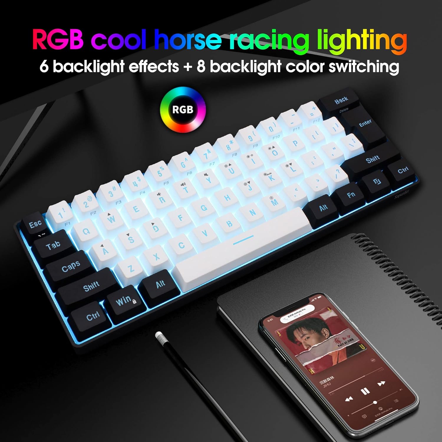 Snpurdiri 60% Wired Gaming Keyboard, RGB Backlit,Ultra - Compact Mini Keyboard with Detachable Cable,Black and White Color - Amazing Gadgets Outlet