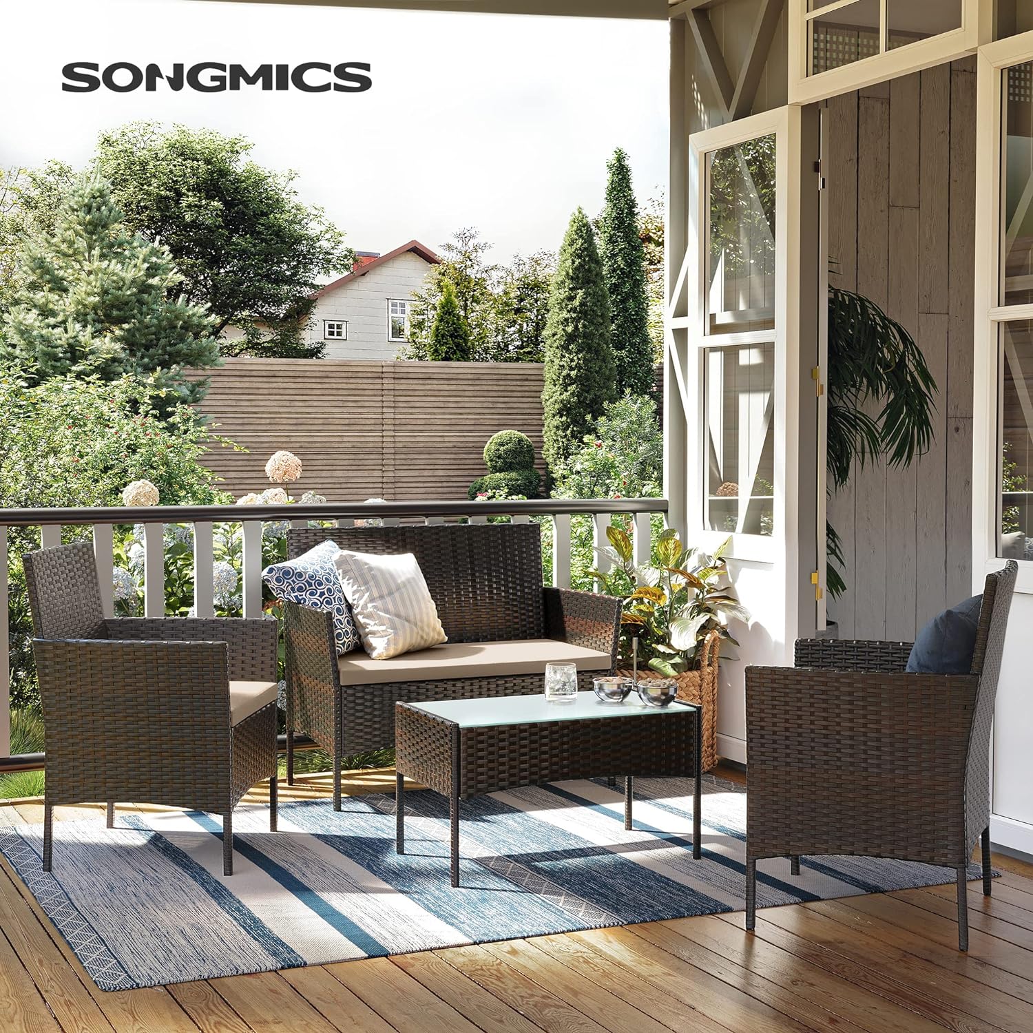 SONGMICS Garden Furniture Sets, Polyrattan Outdoor Patio Furniture, Conservatory PE Wicker Furniture, for Patio Balcony Backyard, Brown and Taupe GGF002K01   Import  Single ASIN  Import  Multiple ASIN ×Product customization General Descr - Amazing Gadgets Outlet