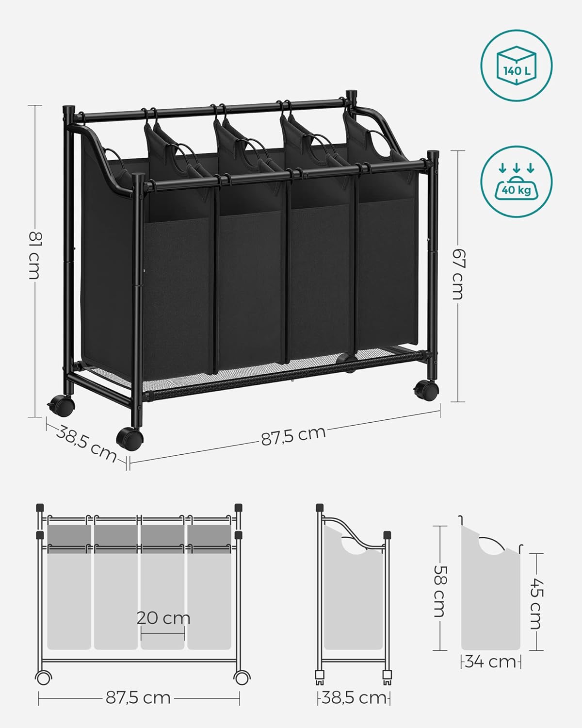 SONGMICS Rolling Laundry Sorter, Laundry Basket with 4 Removable Bags, Laundry Hamper, Laundry Trolley, for Laundry Room, Bedroom, Bathroom, 4 x 35L, Black LSF005 - Amazing Gadgets Outlet