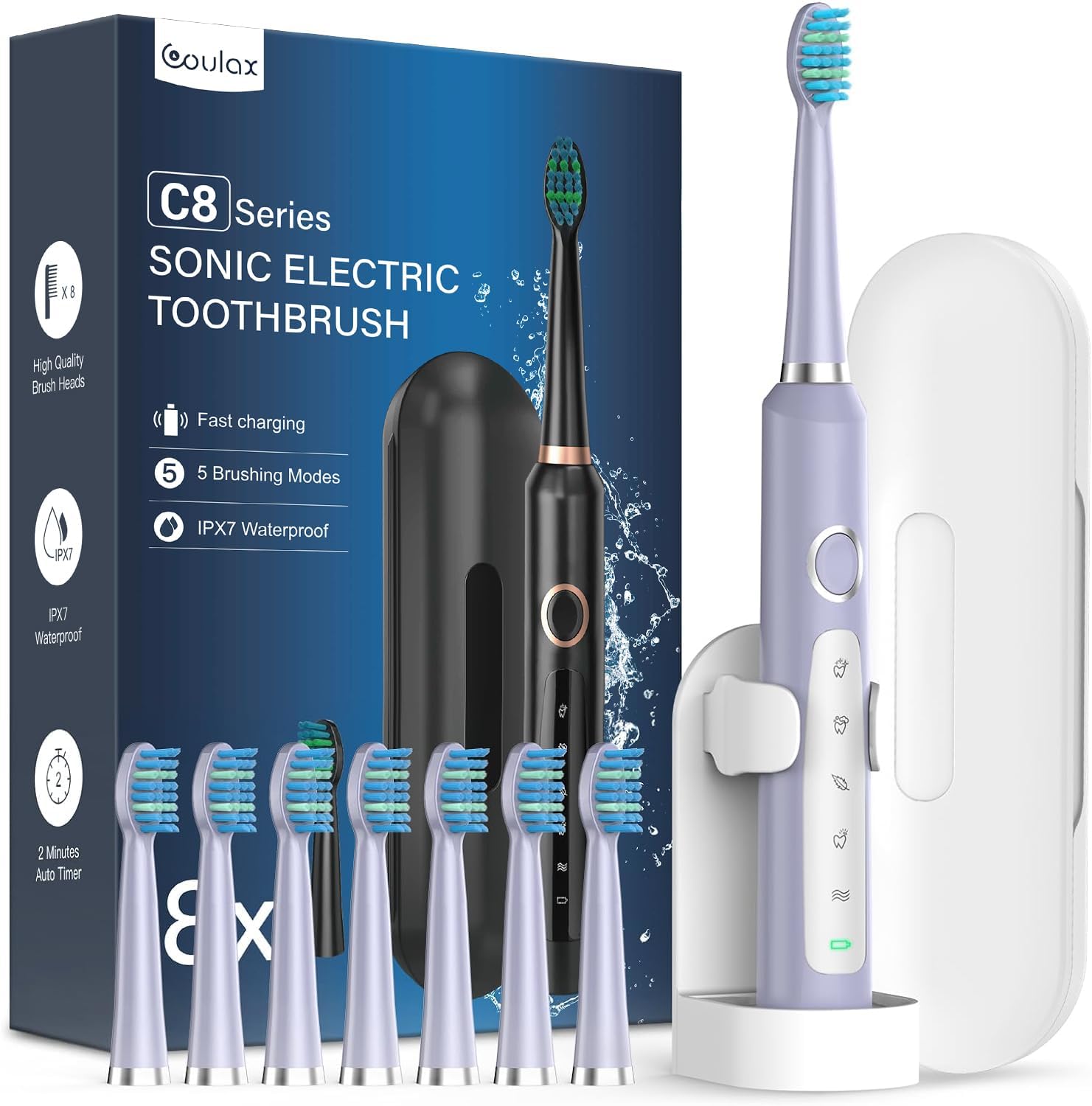 Sonic Electric Toothbrush for Adults and Kids - Electric Toothbrushes with 8 Tooth Brush Replacement Head and 5 Brushing Modes, 120 Days of Use with 3 - Hour Fast Charge, 2 Minute Smart Timer - Amazing Gadgets Outlet