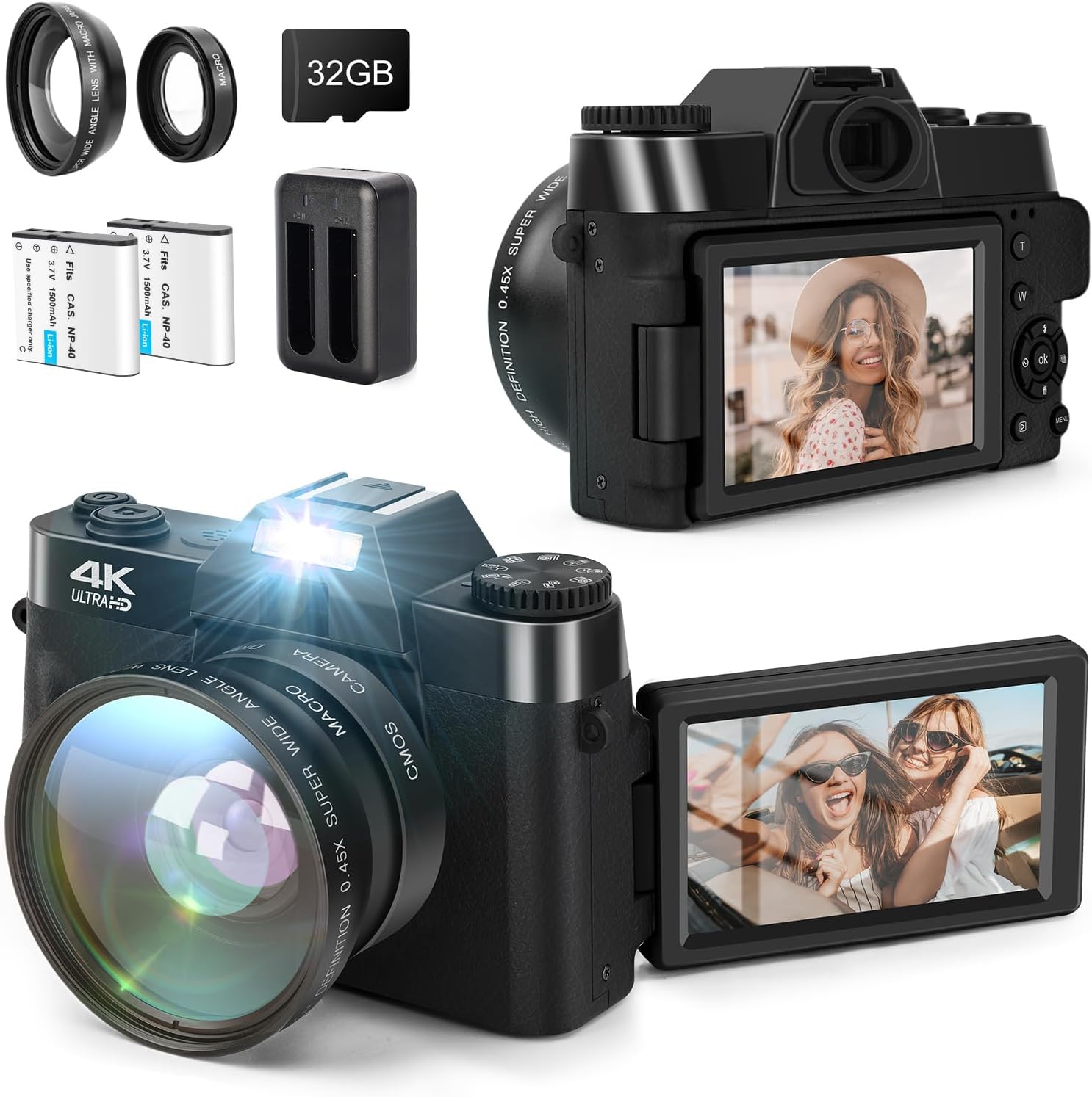 SOPPY 4K Digital Camera with WiFi, 48MP Video Camera with 32G SD Card, 3.0" IPS 180°Flip Screen, Wide Angle Lens, Macro Lens, 16X Digital Zoom, 2 Batteries, Travel Camera for Tiktok YouTube, Pink - Amazing Gadgets Outlet