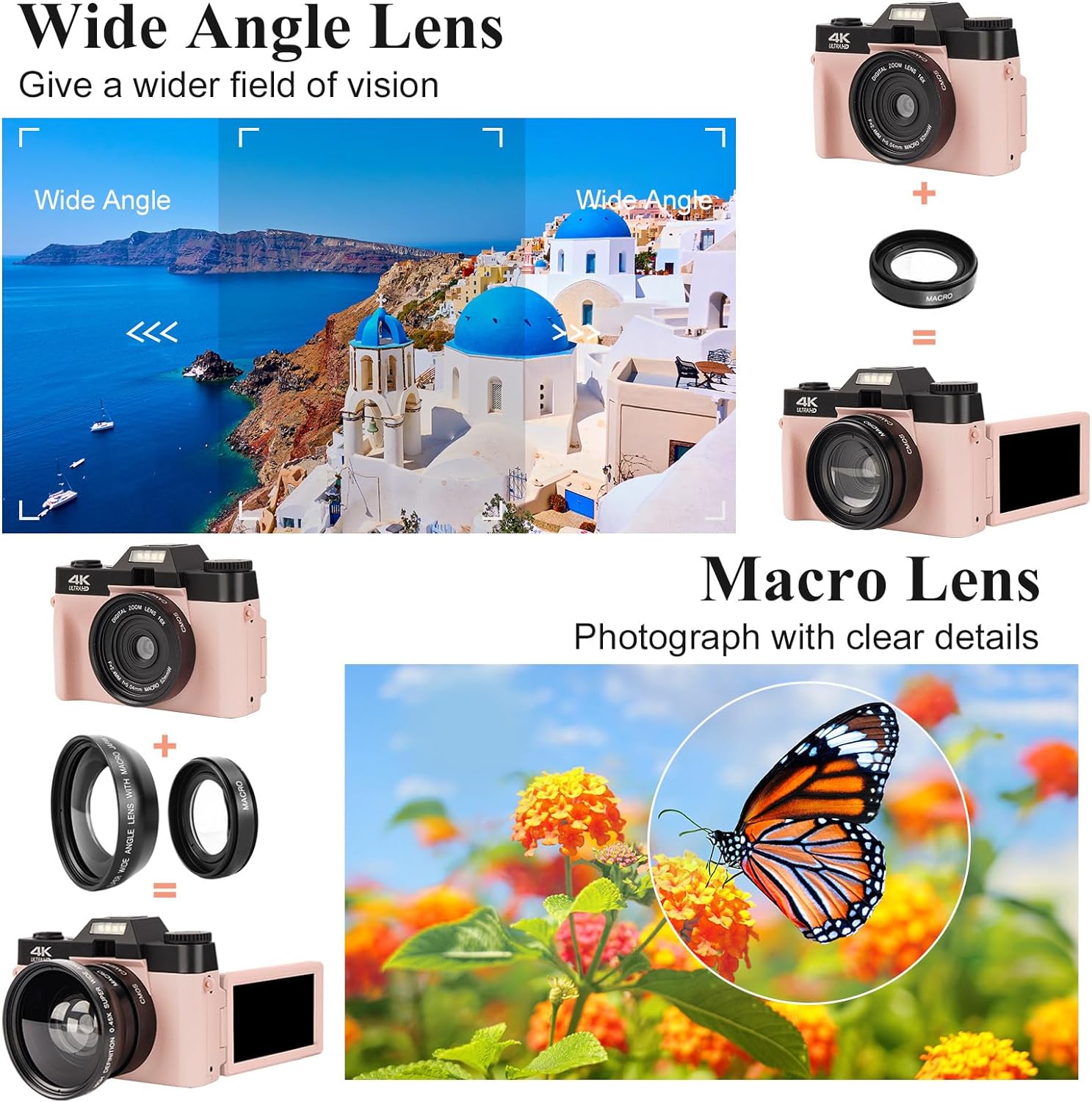 SOPPY 4K Digital Camera with WiFi, 48MP Video Camera with 32G SD Card, 3.0" IPS 180°Flip Screen, Wide Angle Lens, Macro Lens, 16X Digital Zoom, 2 Batteries, Travel Camera for Tiktok YouTube, Pink - Amazing Gadgets Outlet