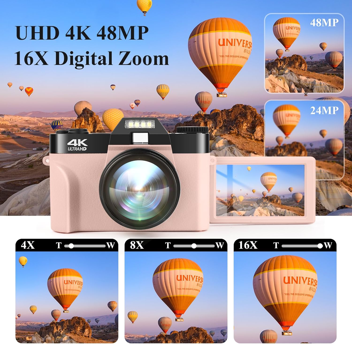 SOPPY 4K Digital Camera with WiFi, 48MP Video Camera with 32G SD Card, 3.0" IPS 180°Flip Screen, Wide Angle Lens, Macro Lens, 16X Digital Zoom, 2 Batteries, Travel Camera for Tiktok YouTube, Pink - Amazing Gadgets Outlet