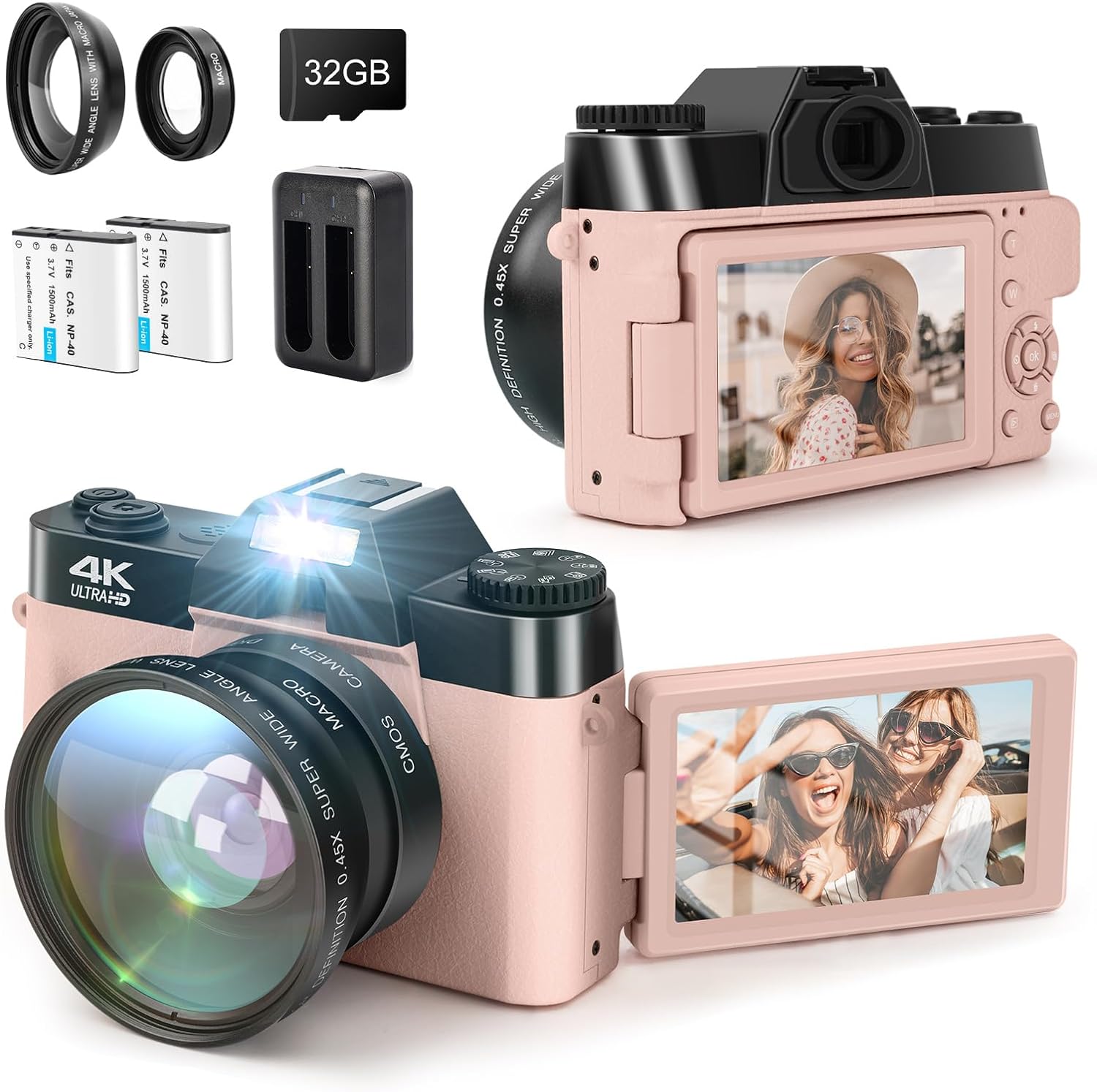 SOPPY 4K Digital Camera with WiFi, 48MP Video Camera with 32G SD Card, 3.0" IPS 180°Flip Screen, Wide Angle Lens, Macro Lens, 16X Digital Zoom, 2 Batteries, Travel Camera for Tiktok YouTube, Pink - Amazing Gadgets Outlet