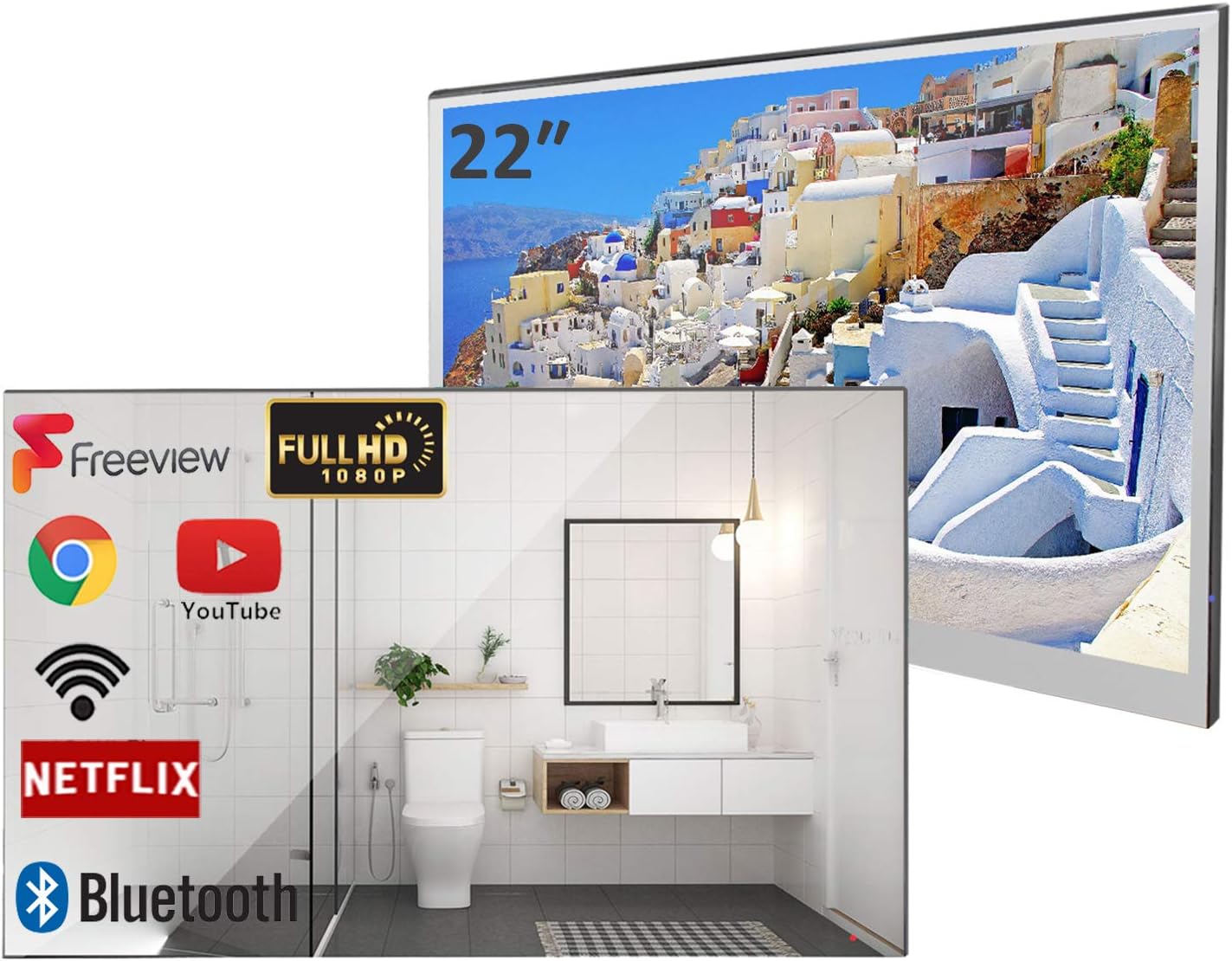 Soulaca 22inch Smart LED Mirror TV for Bathroom,1080P Waterpoof with Wi - Fi and Bluetooth, Integrated with Speaker Android 9.0 System,Model 2023 - Amazing Gadgets Outlet