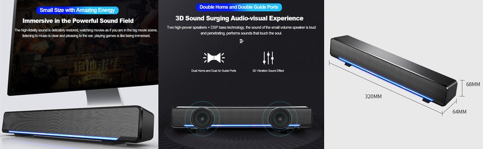 Sound Bars, Mini Speaker Stereo Subwoofer, Bass Surround Sound Box Wired, Music Player, with USB / 3.5 mm Audio Input for PC Laptop Smartphone Tablet MP3 MP4 - Amazing Gadgets Outlet