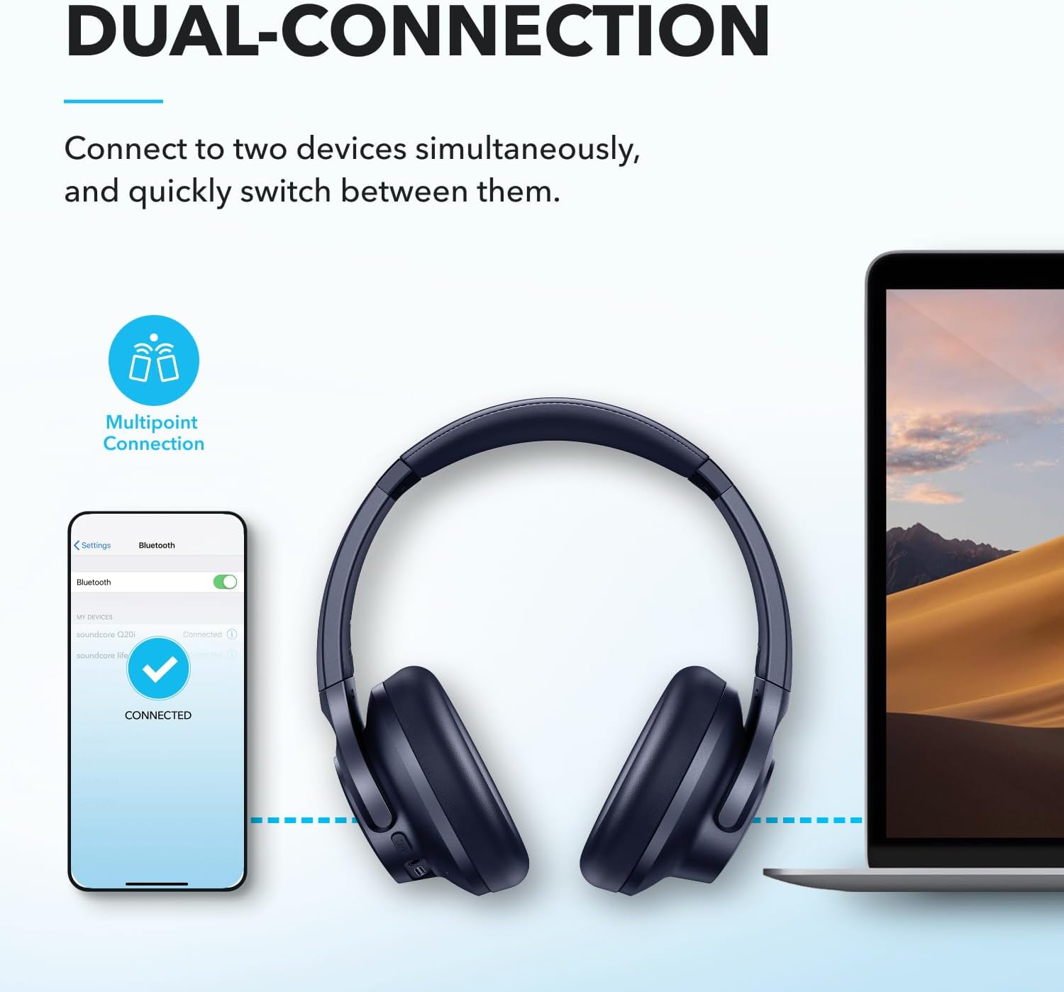 soundcore by Anker Q20i Hybrid Active Noise Cancelling Foldable Headphones, Wireless Over - Ear Bluetooth, 40H Long ANC Playtime, Hi - Res Audio, Big Bass, Customize via an App, Transparency Mode - Amazing Gadgets Outlet