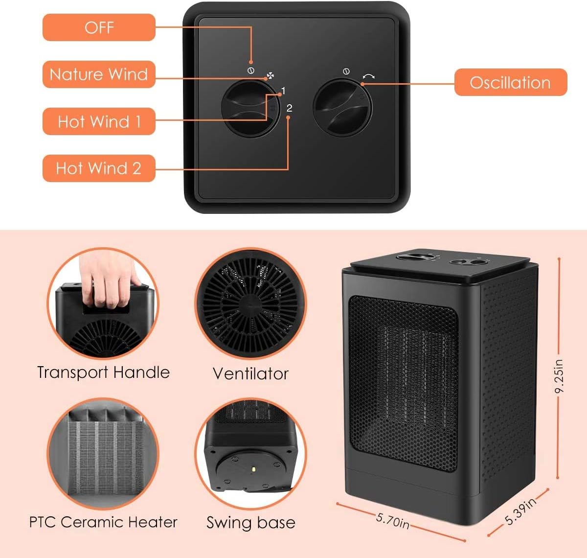 Space Heater Portable 70° Electric Fan Heaters for Home Oscillating Low Energy Silent 1500W Fast Heating 3 Mode Heat Settings Personal Small Mini Ceramic ith Overheat Protection Operation for Home - Amazing Gadgets Outlet