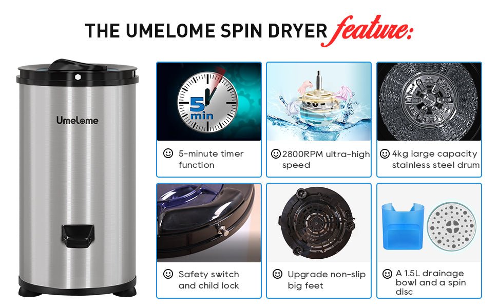 Spin Dryer 4kg by Umelome, Energy&Power Saving Spinner, Energy Efficiency Class: A+++, 2800 RPM Clothes Dryer, Gravity Drain dryer, Silvery - Amazing Gadgets Outlet